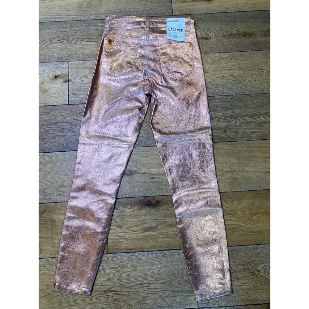 L'Agence Margot Light Rose Gold Foil High Rise Skinny Jeans Women's Size 25 - Picture 10 of 12